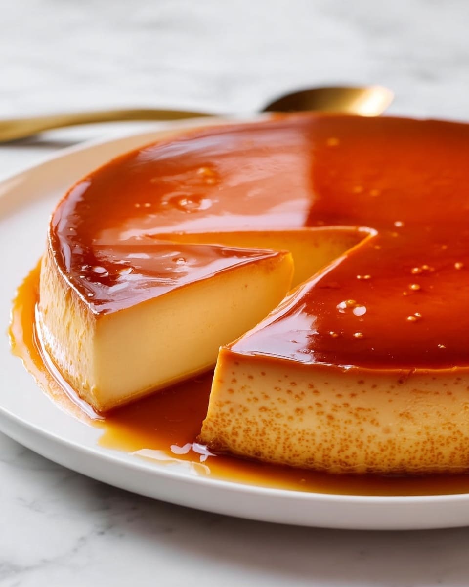 Whole round caramel flan displayed on a large white plate, featuring a smooth, glossy caramel topping that elegantly covers the entire creamy custard surface, with natural light highlighting the rich golden hues, photographed from a professional 3/4 angle on a white marble background, food magazine hero shot photo taken with an iphone --ar 4:5 --v 7