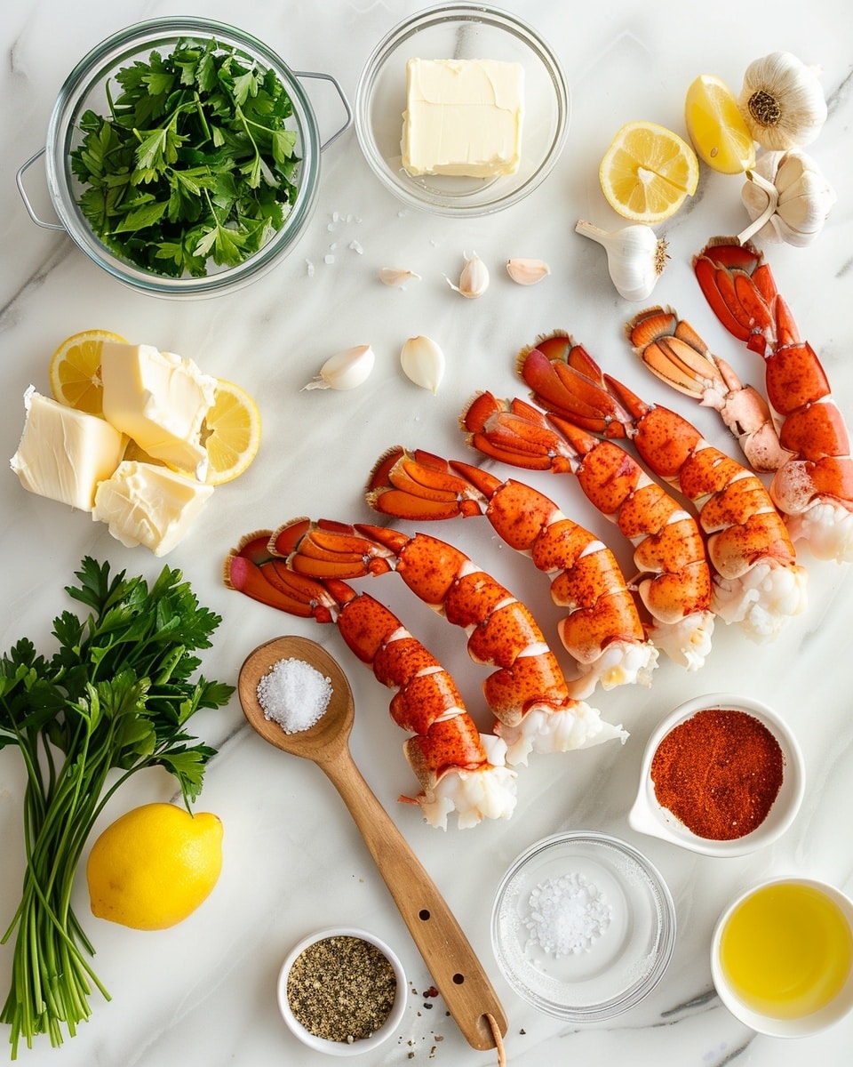 A single white plate featuring one succulent lobster tail portion, the tender white lobster meat slightly separated from the vibrant reddish shell, topped with a sprinkle of fresh chopped parsley and a light dusting of seasoning, accompanied by a small ramekin of melted herb-infused butter beside it. The lobster meat reveals its moist, flaky texture with a gentle golden broil on top, presented on a white marble surface with natural lighting highlighting the rich colors and inviting details, styled as an intimate plated serving photo taken with an iphone --ar 4:5 --v 7