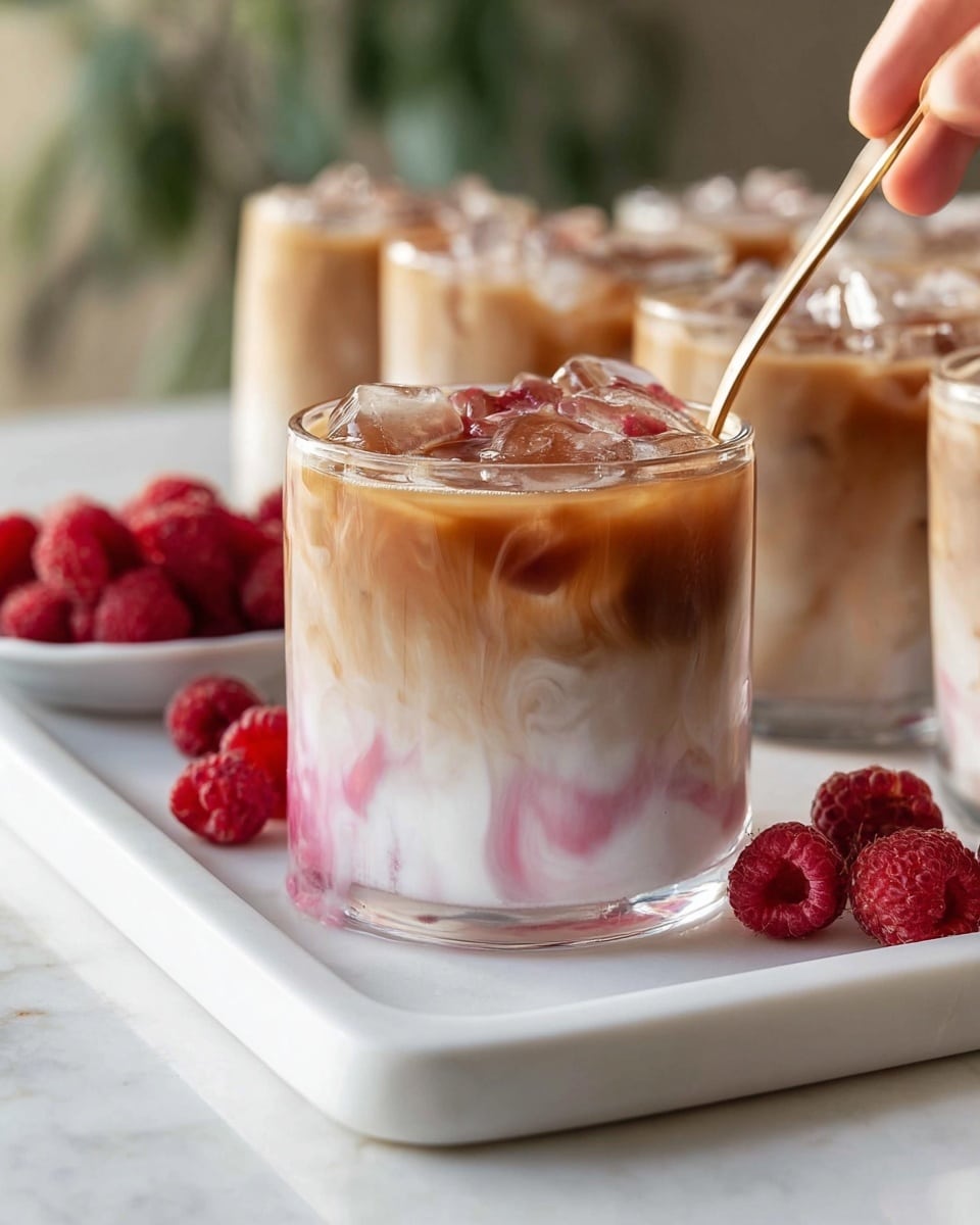 A large white tray filled with multiple clear glasses of iced raspberry latte, each glass showcasing the beautiful layers of creamy milk and rich espresso swirled with fresh raspberry syrup, garnished with whole fresh raspberries on the rims and surrounding the tray, set on a white marble countertop with natural lighting for a vibrant, appetizing display, professional food magazine hero shot photo taken with an iphone --ar 4:5 --v 7