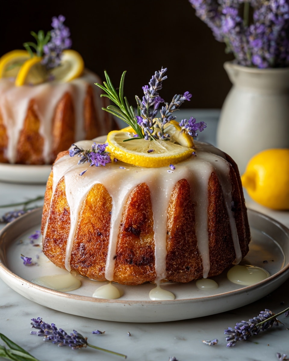 Whole lemon lavender bundt cake sitting on a large white serving platter, beautifully glazed with smooth icing that drips slightly down the sides, topped with fresh lemon wedges, sprigs of rosemary, and delicate lavender flowers, showcasing the cake’s rich golden brown crust and intricate fluted design, surrounded by scattered lavender buds, photographed from a 3/4 angle on a white marble countertop with natural lighting, professional food magazine hero shot photo taken with an iphone --ar 4:5 --v 7