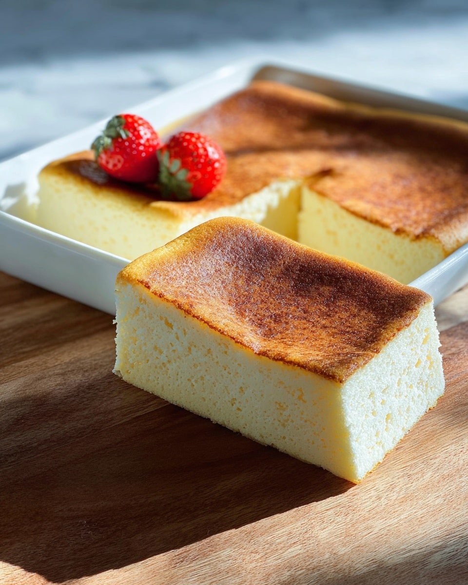 A large rectangular white ceramic baking dish filled with a whole fluffy Japanese cheesecake, featuring a beautifully browned, smooth top crust that glistens under natural light, the cheesecake perfectly risen with a light and airy texture visible through its golden edges, placed on a white marble countertop with soft shadows enhancing its delicate surface, emphasizing the pristine and inviting presentation, professional food styling photo taken with an iphone --ar 4:5 --v 7