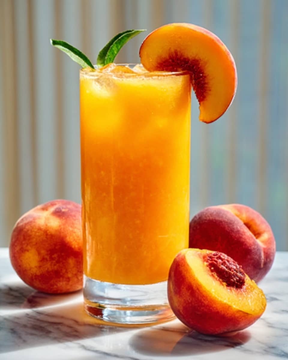 Tall clear glass filled with a full serving of fresh peach juice cocktail, showcasing vibrant orange and yellow hues, garnished with a whole peach slice perched on the rim, accompanied by additional whole peaches on the white marble surface around the glass, natural sunlight highlighting the refreshing texture, professional 3/4 angle food magazine style photo taken with an iphone --ar 4:5 --v 7