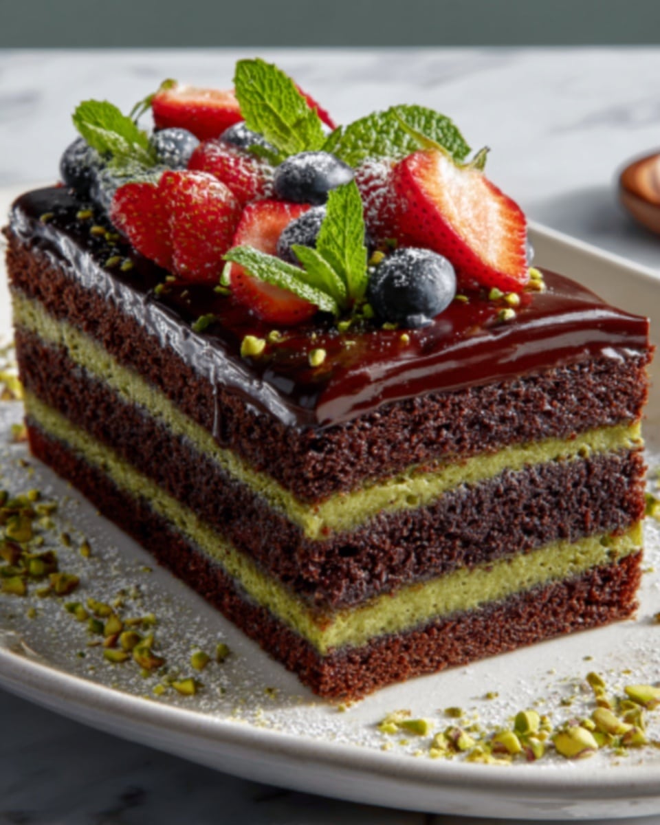 Whole rectangular chocolate pistachio layered cake displayed on a large white platter, featuring rich glossy chocolate ganache topping decorated with an even spread of fresh strawberries, blueberries, mint leaves, and scattered whole pistachios, the entire uncut cake showing distinct alternating layers of dense chocolate and green pistachio filling, styled on a white marble surface with natural lighting, professional 3/4 angle food magazine hero shot, photo taken with an iphone --ar 4:5 --v 7