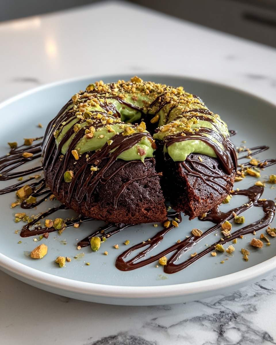Whole round dark chocolate cake with a moist texture, topped with smooth green pistachio cream and garnished with crushed pistachios, decorated with an artistic drizzle of rich chocolate sauce across the surface, presented on a large white plate, photographed from a 3/4 angle on a white marble countertop under natural lighting, professional food magazine style hero shot, photo taken with an iphone --ar 4:5 --v 7
