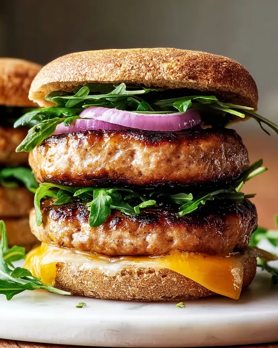 Large white plate showcasing three whole golden-brown turkey patties stacked with fresh green arugula leaves, melty cheddar cheese, and thinly sliced purple onions layered inside soft, perfectly toasted whole grain buns, whole dish captured from a 3/4 angle on white marble background with natural lighting, professional food magazine hero shot photo taken with an iphone --ar 4:5 --v 7