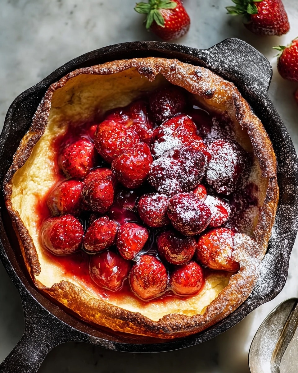 Whole rustic Dutch baby pancake served in a black cast iron skillet, puffed golden and crispy around the edges, topped with a generous layer of whole, glossy fresh strawberries in a rich strawberry sauce, dusted lightly with powdered sugar, styled on a white marble background with natural lighting, professional food magazine hero shot, photo taken with an iphone --ar 4:5 --v 7