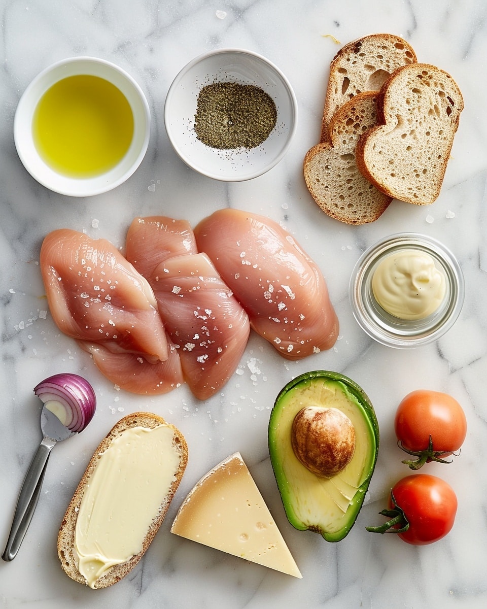 Single white plate with one grilled sandwich half showing a close-up angled view of golden toasted bread with a crisp crust, revealing layers of melted cheddar cheese, tender cooked chicken strips, fresh diced tomatoes, and creamy guacamole speckled with herbs inside, garnished with finely chopped parsley around the plate, natural lighting highlighting the textures on a white marble surface, intimate plated serving photo taken with an iphone --ar 4:5 --v 7
