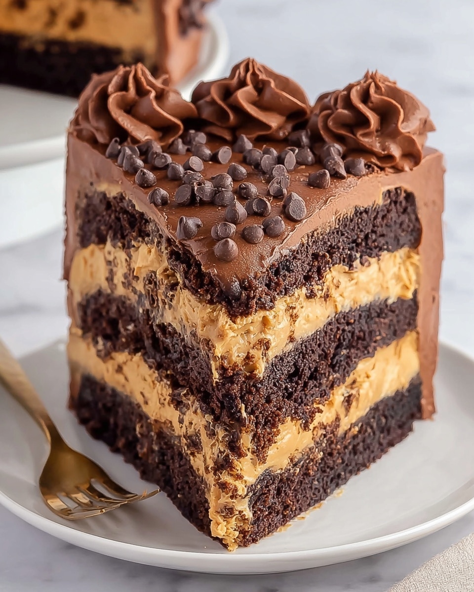 A whole, tall, triple-layer chocolate cake on a white plate, each layer filled and frosted with rich peanut butter cream and embedded with chocolate chips, the entire cake generously covered with smooth chocolate ganache dripping slightly down the sides and topped with a mound of chocolate chips for decoration, photographed from a 3/4 angle on a white marble background with natural lighting, styled like a hero food magazine shot, photo taken with an iphone --ar 4:5 --v 7