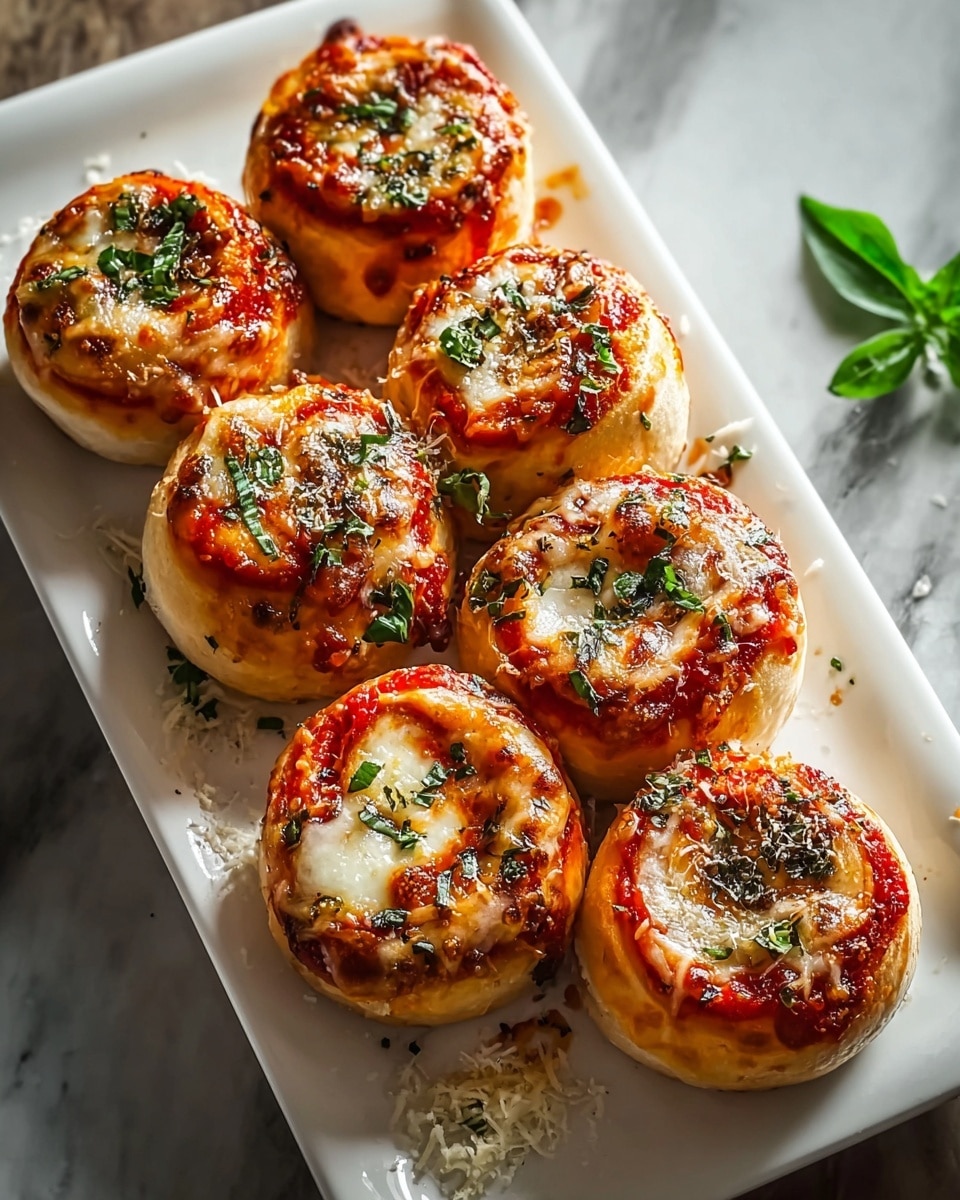 A white rectangular platter showcasing six whole individual pizza rolls, each perfectly round and topped with melted, golden-brown mozzarella cheese, vibrant red tomato sauce, and sprinkled with fresh green herbs like basil and oregano, the rolls arranged neatly with some grated parmesan scattered around the platter, all set on a white marble surface with natural lighting highlighting the appetizing textures, professional food styling, whole dish featured prominently in the frame, photo taken with an iphone --ar 4:5 --v 7
