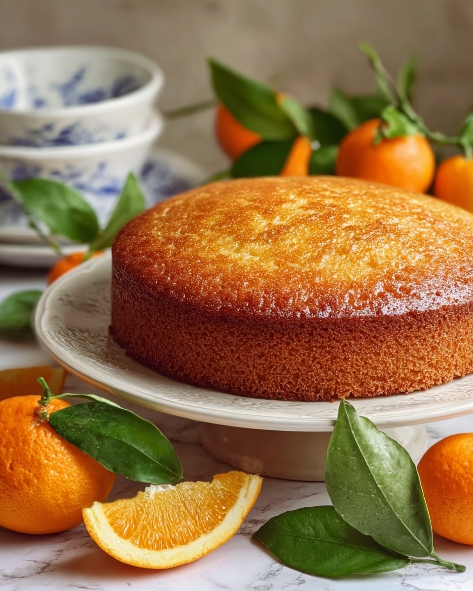 Whole round orange sponge cake displayed on a large white plate, with a golden, moist crust and a smooth top, surrounded by fresh whole oranges and green leaves for a natural, vibrant touch, photographed at a 3/4 angle to capture the full cake and its texture, set against a white marble background with natural lighting, styled professionally for a food magazine hero shot, photo taken with an iphone --ar 4:5 --v 7