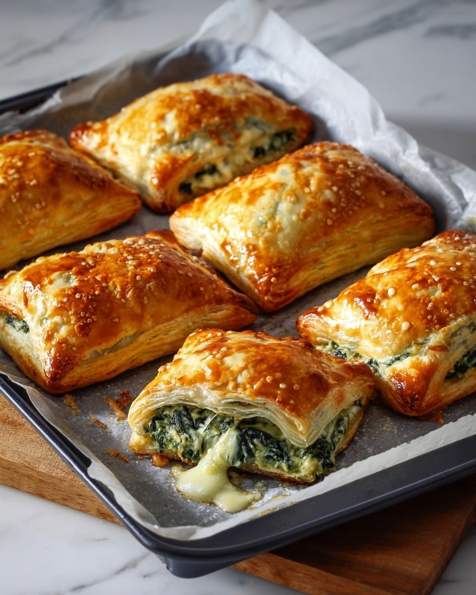 Large modern black baking tray lined with parchment paper, filled with multiple golden-brown, baked spinach and cheese puff pastry parcels, their flaky crusts shiny and perfectly browned with small browned spots, each pillow-shaped pastry puff generously stuffed with melted creamy spinach and cheese filling visible where one slightly opens, arranged attractively and photographed from a professional 3/4 angle on a white marble countertop under natural lighting, styled as a hero shot from a food magazine, photo taken with an iphone --ar 4:5 --v 7