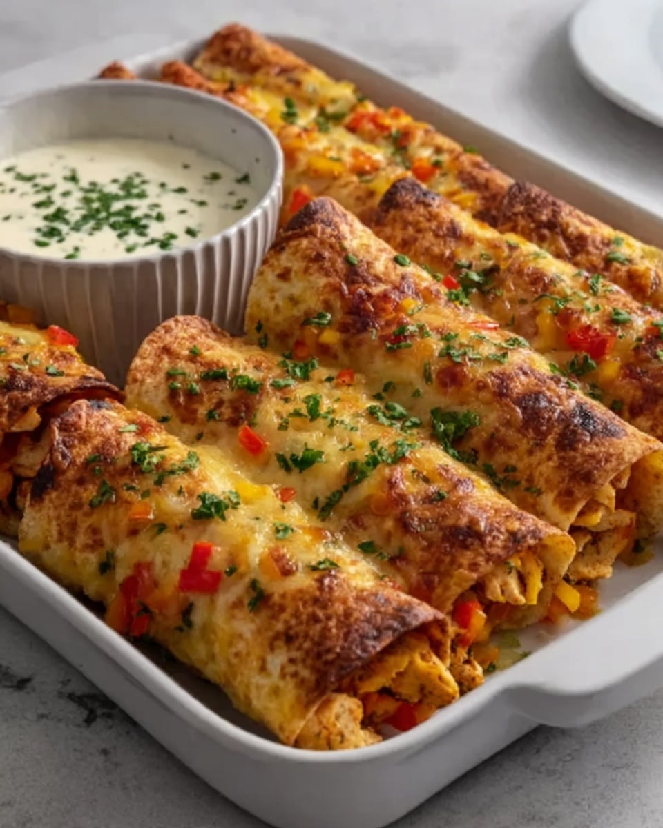 A large white rectangular baking dish filled with a full tray of golden, freshly baked enchiladas, tightly rolled and generously stuffed with a vibrant mixture of seasoned chicken, melted cheese, and finely diced bell peppers, topped with a rich, slightly charred layer of melted cheese and garnished with finely chopped fresh herbs. The dish is accompanied by a small white bowl of creamy dipping sauce sprinkled with fresh herbs, all placed on a white marble countertop with natural lighting, shot from a 3/4 angle to highlight the texture and colors of the entire enchilada tray, professional food styling, photo taken with an iphone --ar 4:5 --v 7