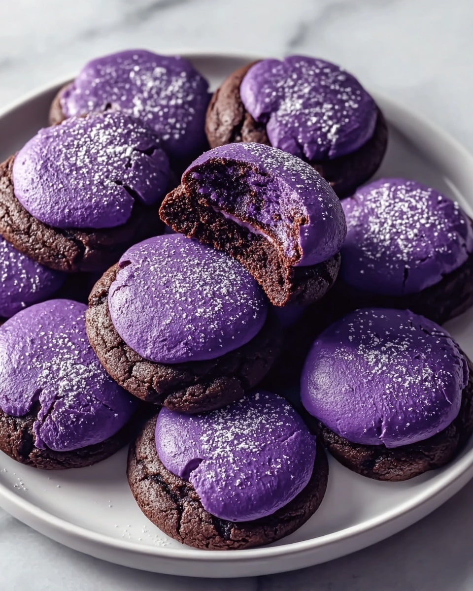 White serving platter displaying a full batch of freshly baked chocolate cookies topped with a smooth, rich purple ube frosting, each cookie uniformly coated and lightly dusted with powdered sugar, arranged closely together to showcase their moist texture and vibrant contrast between the dark chocolate base and vivid purple topping, professional 3/4 angle shot on white marble background with natural lighting, hero food magazine style photo taken with an iphone --ar 4:5 --v 7