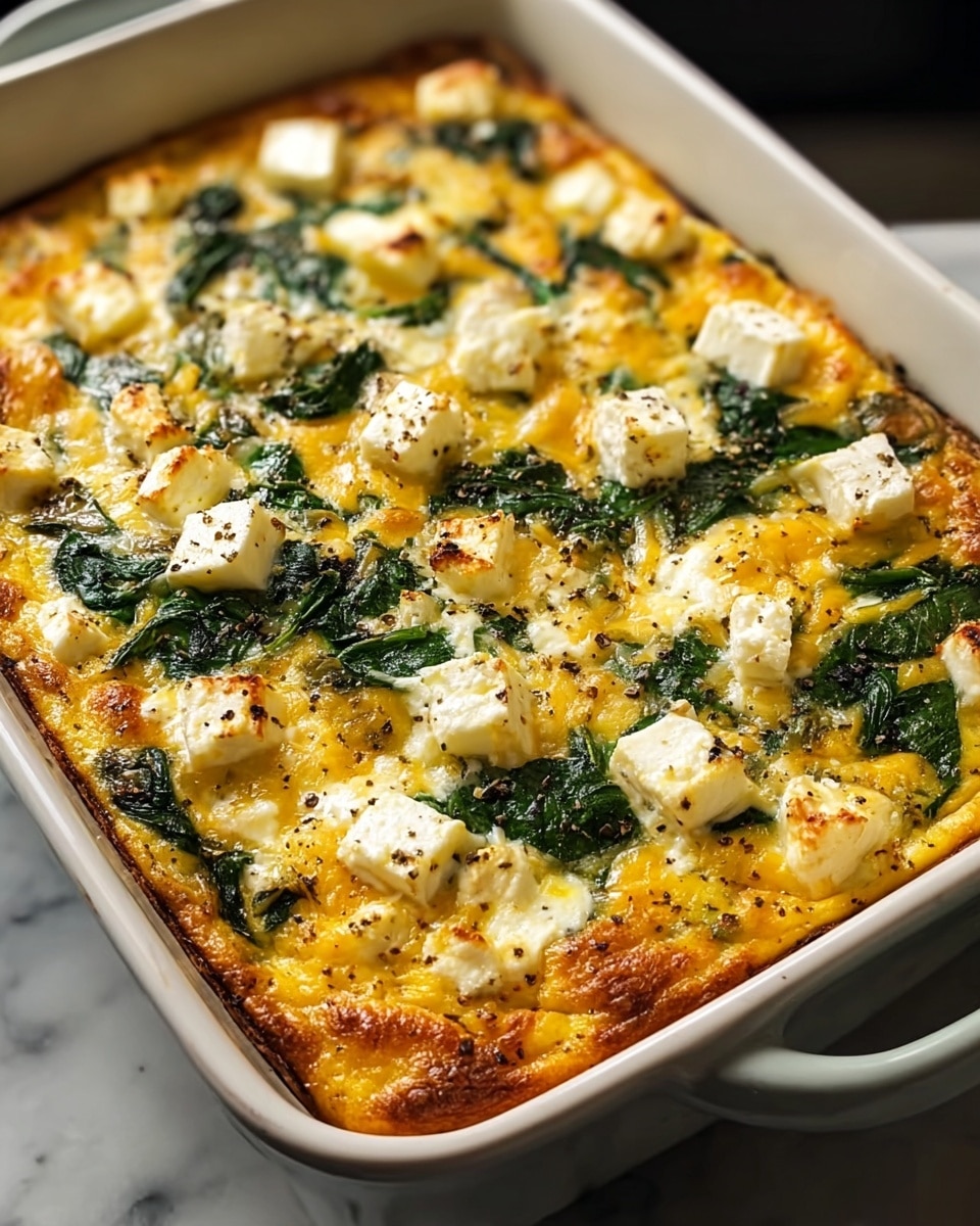 Rectangular white baking dish filled with a golden-brown baked casserole, topped with melted cheddar cheese, chunks of creamy white feta cheese, and vibrant green sautéed spinach scattered evenly over the surface, seasoned with cracked black pepper, whole dish presented from a 3/4 angle shot on a white marble countertop, natural lighting highlighting the textures and colors, professional food styling photo taken with an iphone --ar 4:5 --v 7
