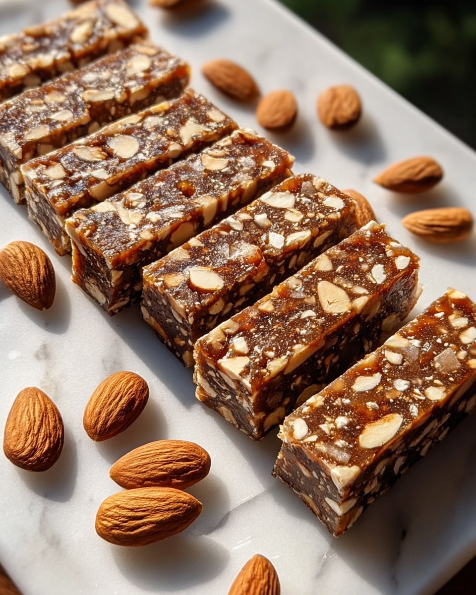 Large white rectangular platter filled with an array of whole, unsliced almond nut bars, showcasing a dense, glossy texture studded generously with whole and chopped almonds, arranged neatly in rows, with additional whole almonds scattered artistically around the platter on a white marble countertop under natural lighting, photographed from a professional 3/4 angle like a hero shot in a food magazine, photo taken with an iphone --ar 4:5 --v 7
