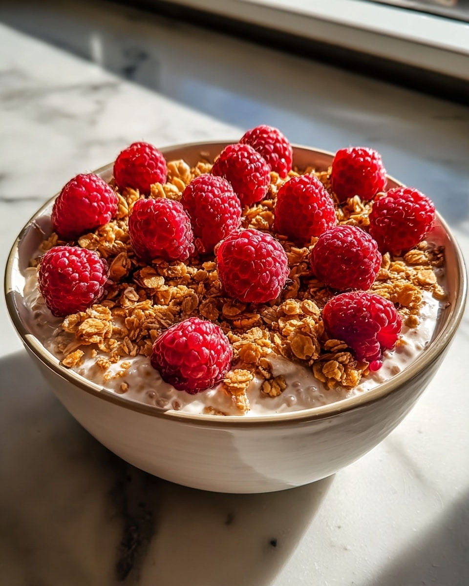 Large white bowl filled with creamy chia seed pudding generously topped with a layer of crunchy golden granola and plump fresh raspberries arranged evenly over the surface, whole dish displayed with natural morning light casting soft shadows, set on a white marble countertop, professional food styling hero shot from a 3/4 angle, photo taken with an iphone --ar 4:5 --v 7
