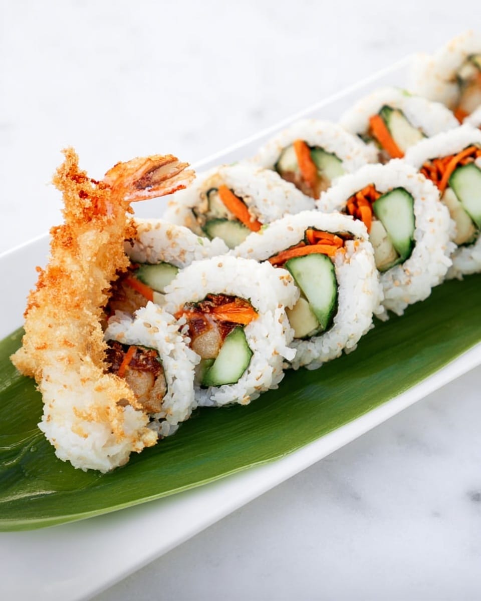 A large white rectangular plate showcasing a full sushi roll arranged in a perfect line, filled with tempura shrimp, crisp cucumber, and fresh carrot strips, encased in perfectly sticky white sushi rice, topped with a crunchy golden tempura tail at one end, set on a green leaf for contrast, all placed on a white marble background with natural lighting, styled like a hero shot in a food magazine, photo taken with an iphone --ar 4:5 --v 7