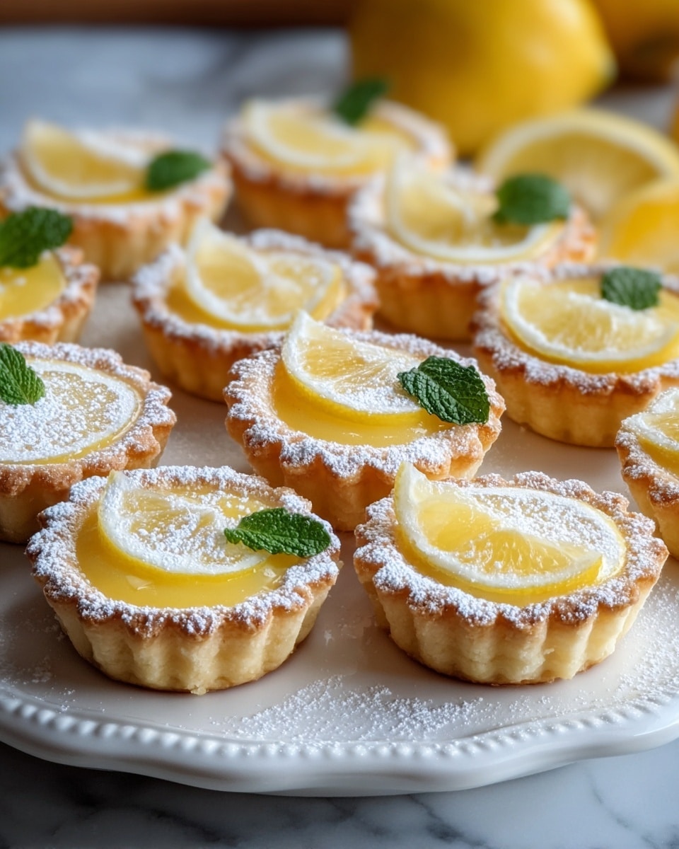 White serving platter filled with a full batch of delicate lemon curd tartlets, each with perfectly fluted golden pastry shells generously filled with smooth, glossy lemon custard, and topped with a light dusting of powdered sugar, arranged neatly with fresh lemon slices and mint sprigs around for a fresh, vibrant look, photographed from a 3/4 angle on a white marble countertop with natural lighting, professional food styling photo taken with an iphone --ar 4:5 --v 7
