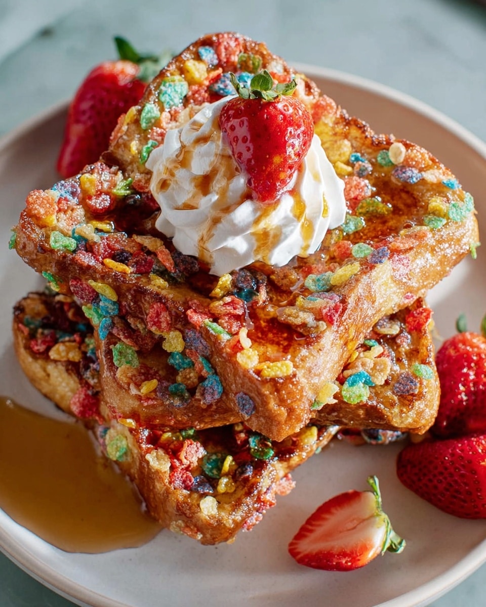 A large white serving plate with a stack of whole golden French toast slices coated generously in vibrant, multicolored fruity cereal flakes, topped with a swirl of whipped cream and drizzled with honey, garnished with fresh strawberries on the side, arranged beautifully for a full view of the complete dish, shot from a 3/4 angle on a white marble countertop with natural lighting, professional food magazine style photo taken with an iphone --ar 4:5 --v 7
