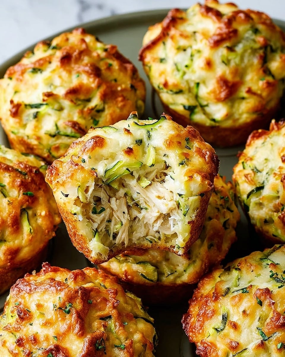 A white rectangular baking dish filled with a full batch of golden brown zucchini and shredded chicken muffins, each muffin perfectly risen and topped with melted, bubbly cheese and flecks of green zucchini throughout, arranged snugly in the baking dish showcasing their uniform size and texture, photographed from a 3/4 angle on a white marble countertop with natural lighting, styled as a professional hero shot from a food magazine, photo taken with an iphone --ar 4:5 --v 7