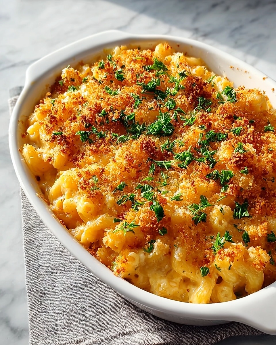 Large white ceramic baking dish filled with creamy baked macaroni and cheese topped with a golden brown, crispy breadcrumb crust and sprinkled with fresh green parsley, whole dish displayed from a 3/4 angle on a white marble countertop with natural lighting, styled like a hero shot from a food magazine, photo taken with an iphone --ar 4:5 --v 7