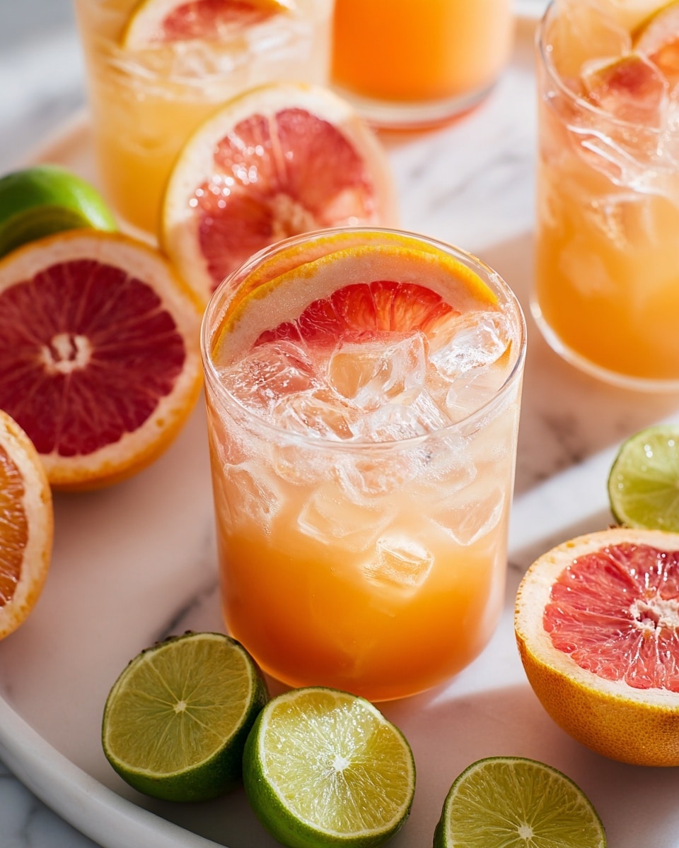 Large white serving tray filled with multiple glasses of refreshing citrus cocktail, each glass brimming with ice cubes and garnished with vibrant pink grapefruit wedges, surrounded by halved fresh limes and blood oranges on a white marble countertop, natural daylight highlighting the fizzy bubbles and bright orange hues, professional food magazine hero shot photo taken with an iphone --ar 4:5 --v 7