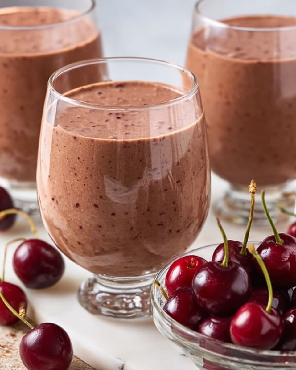 Three elegant white glasses filled to the brim with rich, creamy chocolate mousse, each glass showcasing a smooth and silky texture with subtle specks of chocolate throughout, arranged neatly on a white marble surface accompanied by a clear bowl of fresh, plump cherries and scattered cherries around them, captured in natural light with a professional 3/4 angle shot emphasizing the full servings in their complete presentation, photo taken with an iphone --ar 4:5 --v 7