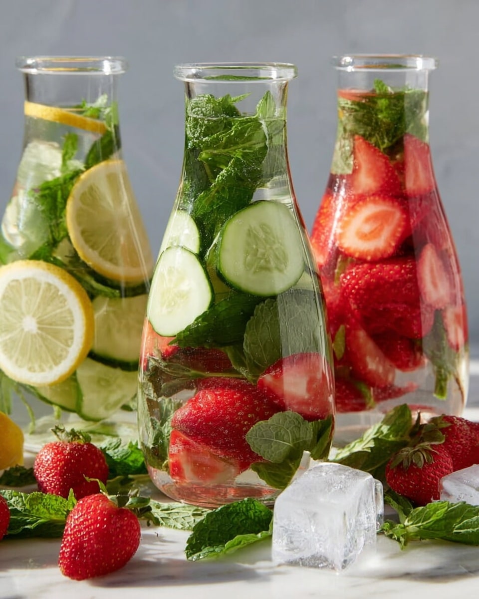 Three clear glass carafes filled with refreshing infused water, each uniquely vibrant: one with crisp cucumber and lemon slices, another bursting with whole ripe strawberries and fresh green mint leaves, and the third with a combination of strawberries and mint sprigs, all set on a white marble surface with scattered fresh mint leaves, whole strawberries, and ice cubes around, captured in natural light from a 3/4 angle, styled as a crisp, professional food magazine hero shot, photo taken with an iphone --ar 4:5 --v 7