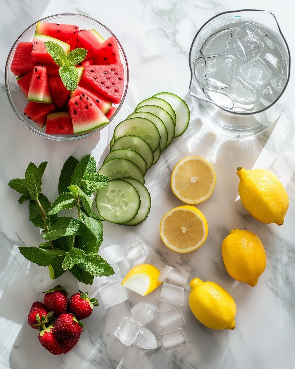 Single white glass jar filled with a refreshing serving of strawberry lemon mint infused water, close-up showing vibrant slices of lemon and strawberries along with fresh mint leaves submerged in crystal-clear liquid, condensation on the glass highlighting its coolness, white straw standing upright, set on a white marble surface with additional fresh strawberries, lemon halves, and mint sprigs casually arranged nearby, natural lighting emphasizing the colors and textures, intimate styled serving photo taken with an iphone --ar 4:5 --v 7
