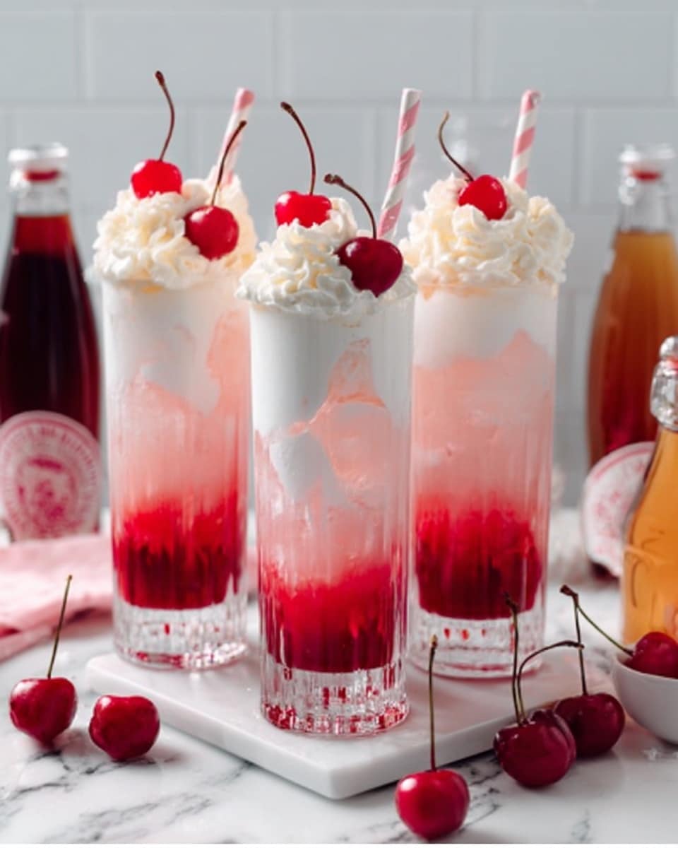 Tall white glasses filled with layered pink and white cherry soda floats, topped with fluffy whipped cream and bright red cherries with stems, all four glasses neatly arranged together on a white marble countertop with small glass bottles of syrup and fresh cherries around, shot from a 3/4 angle with natural lighting highlighting the refreshing texture, professional food styling photo taken with an iphone --ar 4:5 --v 7