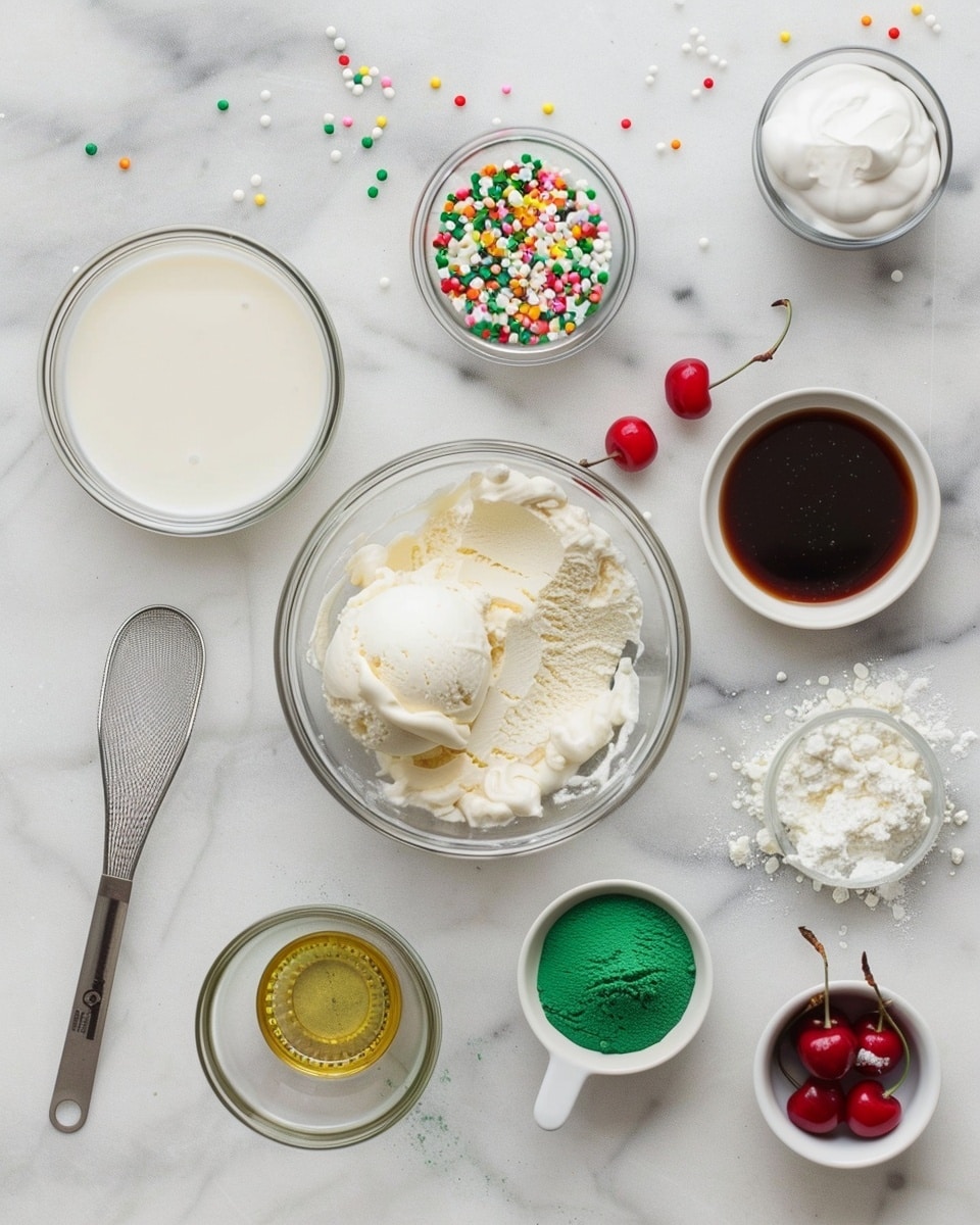 Single tall glass on a white plate holding one serving of mint chocolate chip milkshake, topped with a swirl of whipped cream sprinkled with green and yellow sprinkles and a bright red maraschino cherry on top, a green-and-white striped straw inserted, close-up shot revealing creamy texture and tiny chocolate chip bits inside the pale green shake, white marble background, natural lighting, styled like a food blog post, photo taken with an iphone --ar 4:5 --v 7