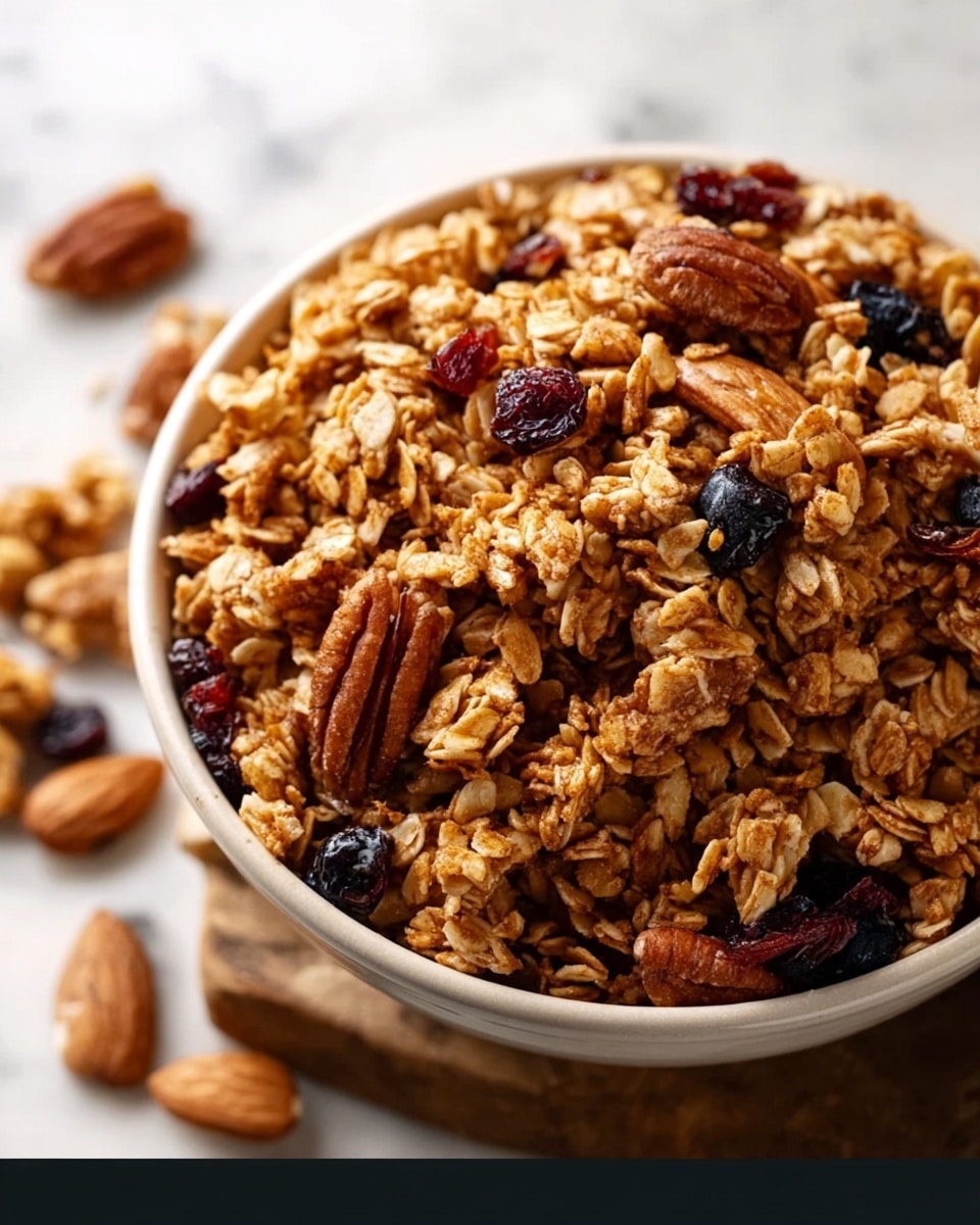 A large white ceramic bowl filled to the brim with homemade granola featuring a golden-brown mix of rolled oats clustered tightly together, studded generously with whole pecans, almonds, and dried cranberries, perfectly toasted to highlight their natural textures and colors. The granola is presented on a pristine white marble surface with soft natural lighting accentuating the crunchy clusters and nutty details, styled as a complete, abundant serving that invites wholesome enjoyment, photo taken with an iphone --ar 4:5 --v 7