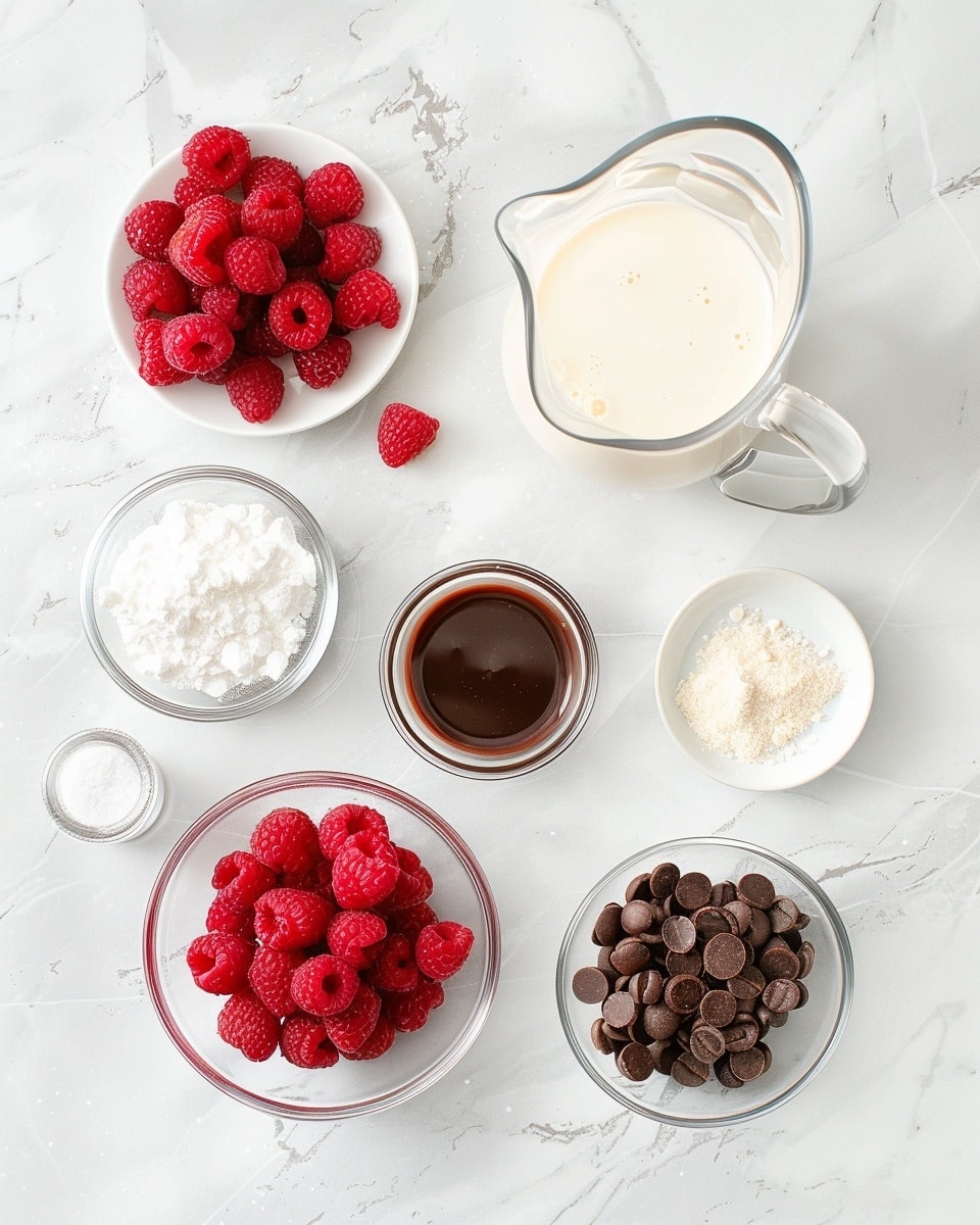 Single white ceramic saucer with a clear glass filled with a layered iced latte, featuring a smooth pink strawberry milk base topped with a rich brown espresso layer, ice cubes glistening throughout, garnished with two fresh raspberries perched delicately on the rim, close-up angled shot emphasizing the separation and texture of the layers, placed on a white marble surface surrounded by scattered raspberries and white daisies, styled for an intimate food blog presentation, natural soft lighting photo taken with an iphone --ar 4:5 --v 7