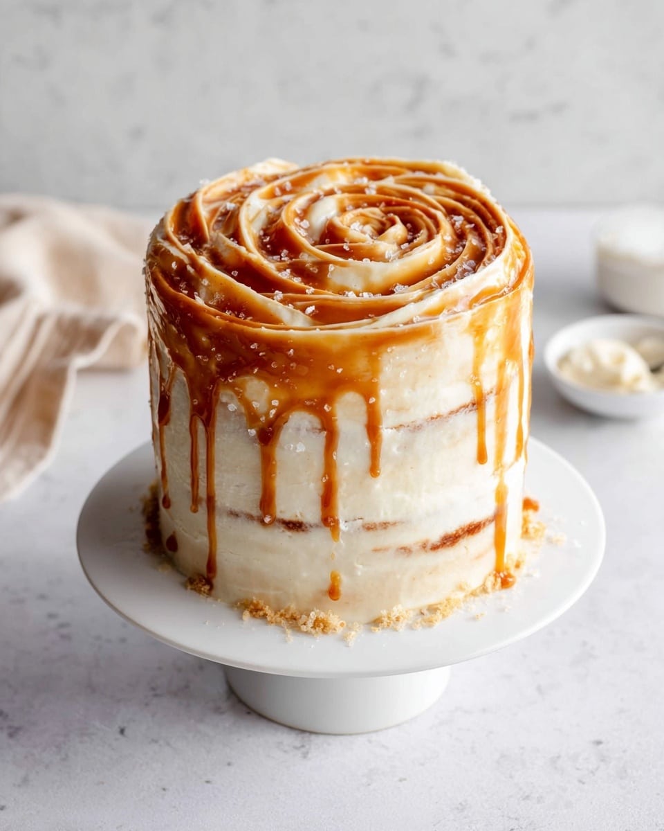 Tall whole layered cake covered in smooth creamy white frosting swirled with rich caramel sauce forming a rose pattern on top and streaks around the sides, sprinkled lightly with flaky sea salt, presented on a white cake stand against a white marble background, natural soft lighting highlighting the glossy texture of the caramel, professional food magazine style hero shot photo taken with an iphone --ar 4:5 --v 7