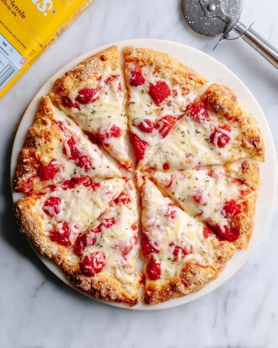 Whole uncut classic cheese and tomato pizza displayed on a round white ceramic plate, with golden-brown crust, melted creamy mozzarella cheese evenly spread over vibrant red tomato sauce, and subtle herbs sprinkled on top, shot from a 3/4 angle on a pristine white marble surface with natural lighting, styled as a stunning food magazine hero shot, photo taken with an iphone --ar 4:5 --v 7