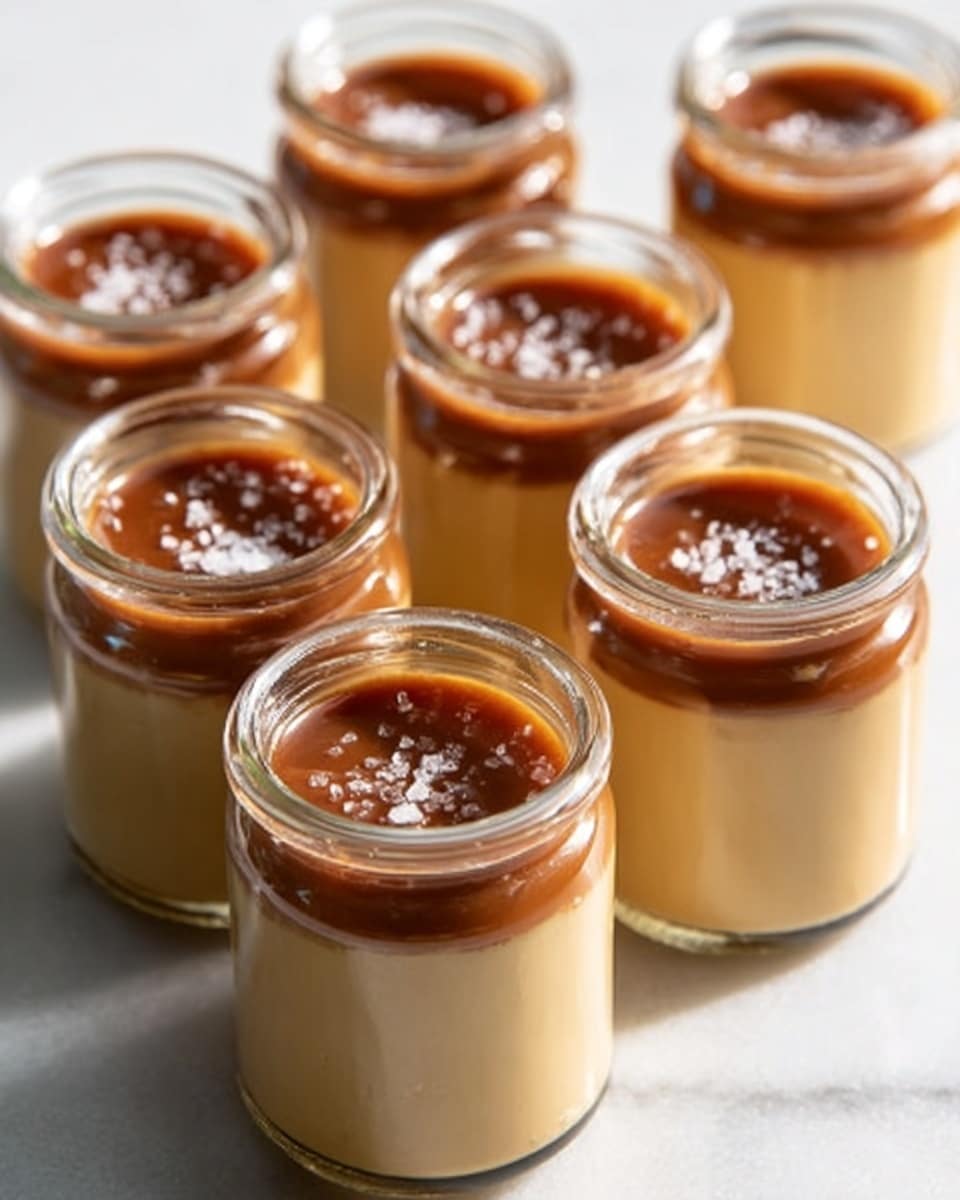 A cluster of six small glass jars filled with smooth, creamy caramel custard pudding, each jar topped perfectly with a glossy layer of rich caramel sauce sprinkled lightly with sea salt crystals, arranged neatly on a pristine white marble surface, captured in natural light from a professional 3/4 angle, showcasing the entire set as a visually appealing and complete dessert presentation, photo taken with an iphone --ar 4:5 --v 7