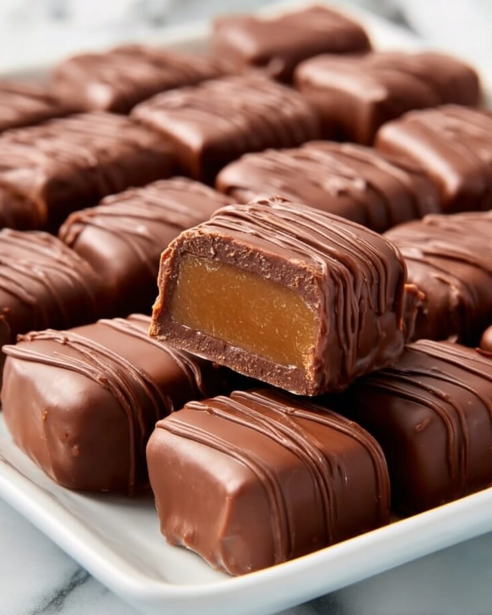 A large white rectangular serving tray filled with an array of whole, glossy chocolate-covered caramel squares, each perfectly coated in smooth milk chocolate with delicate drizzle decoration on top, arranged neatly to display their uniform shape and inviting texture, photographed from a 3/4 angle on a white marble background with natural lighting that highlights the shiny chocolate surface like a hero shot from a food magazine, photo taken with an iphone --ar 4:5 --v 7