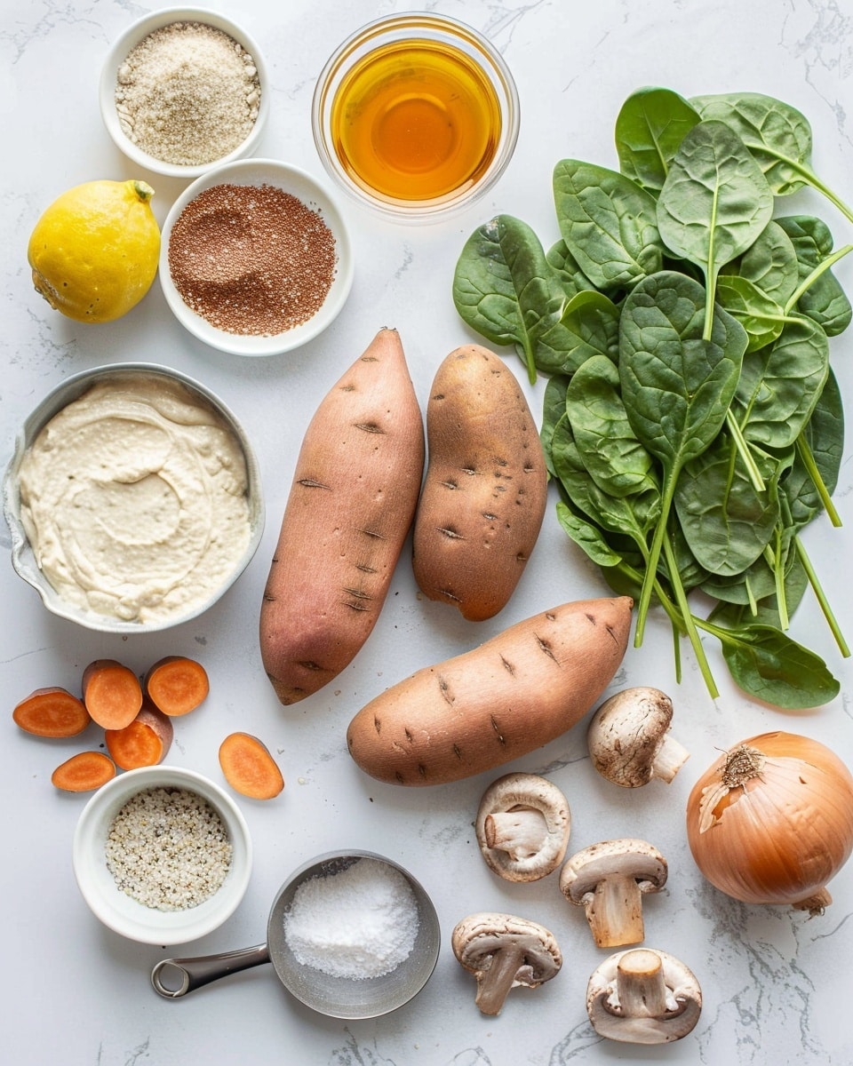 Single white plate featuring one halved roasted sweet potato filled with creamy sautéed spinach and golden-brown mushroom slices, close-up angled view revealing the vibrant orange flesh of the sweet potato and the rich, textured filling topped with fresh herb garnish, placed on a white marble surface under natural lighting, styled like a food blog individual serving photo taken with an iphone --ar 4:5 --v 7