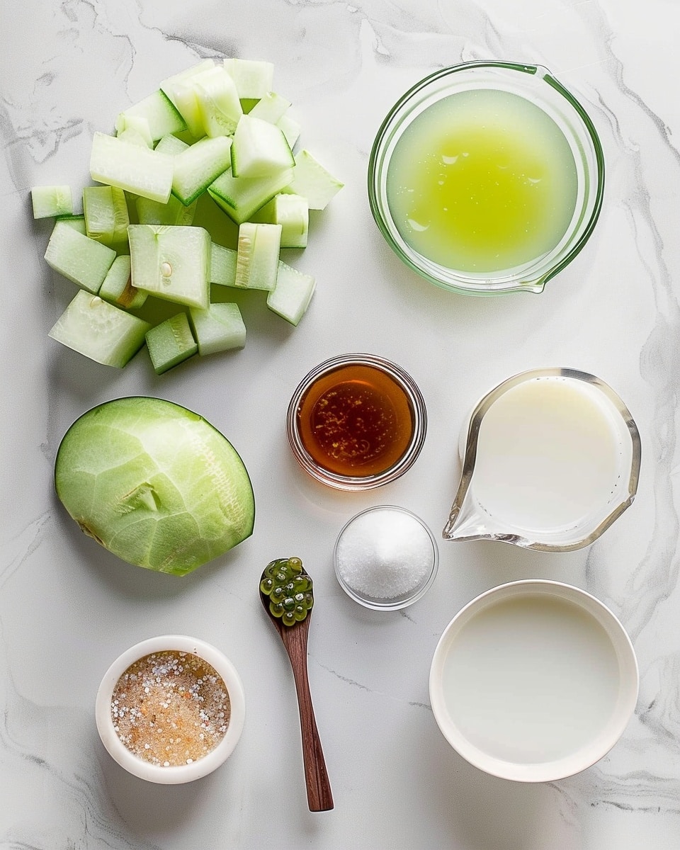 Single tall clear glass on a white plate filled with one serving of creamy honeydew melon bubble tea, showing black tapioca pearls settled at the bottom and a smooth, frothy top layer, with a stainless steel straw inserted, highlighting the pale greenish creamy texture and the translucent tapioca spheres, placed on a white marble surface with natural lighting, styled as a close-up intimate view perfect for a food blog, photo taken with an iphone --ar 4:5 --v 7