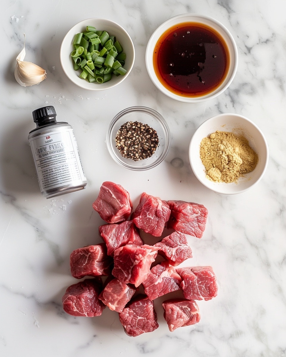 Single white plate featuring a plated portion of tender seared beef cubes resting on a small bed of creamy mashed potatoes, close-up angled shot emphasizing the rich caramelized exterior of each juicy beef piece sprinkled with coarse sea salt and fresh chopped parsley, steam gently rising, white marble background, natural lighting highlighting the glossy texture and mouthwatering detail, styled as a ready-to-eat serving from a food blog, photo taken with an iphone --ar 4:5 --v 7