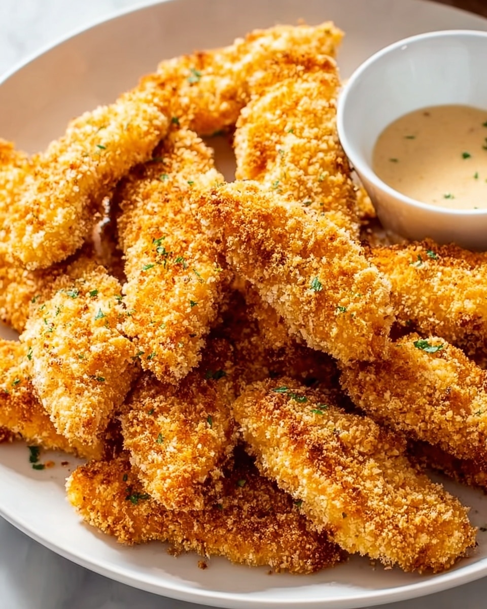 Large white serving platter filled with golden, crispy baked chicken tenders arranged in an inviting heap, showcasing their crunchy seasoned breadcrumb coating in a full, complete presentation, with a small white bowl of dipping sauce placed to the side, photographed from a professional 3/4 angle on a white marble countertop under natural lighting, like a hero shot from a food magazine, photo taken with an iphone --ar 4:5 --v 7