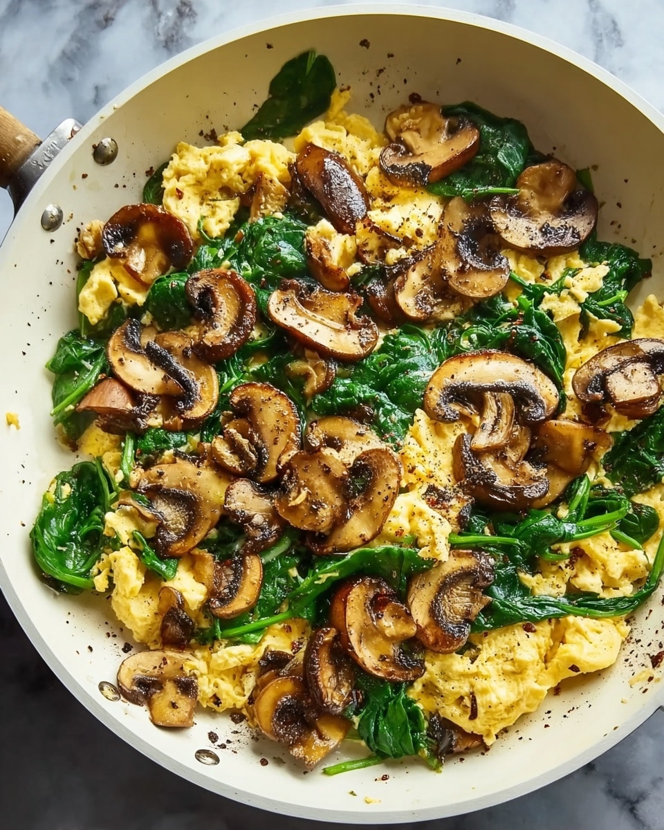 Large white frying pan filled with fluffy scrambled eggs mixed with vibrant wilted spinach and topped generously with sautéed golden-brown mushroom slices, lightly seasoned with cracked black pepper, presented on a white marble countertop with natural lighting, professional food styling, photographed from a 3/4 angle showcasing the entire pan as a complete savory breakfast dish, photo taken with an iphone --ar 4:5 --v 7