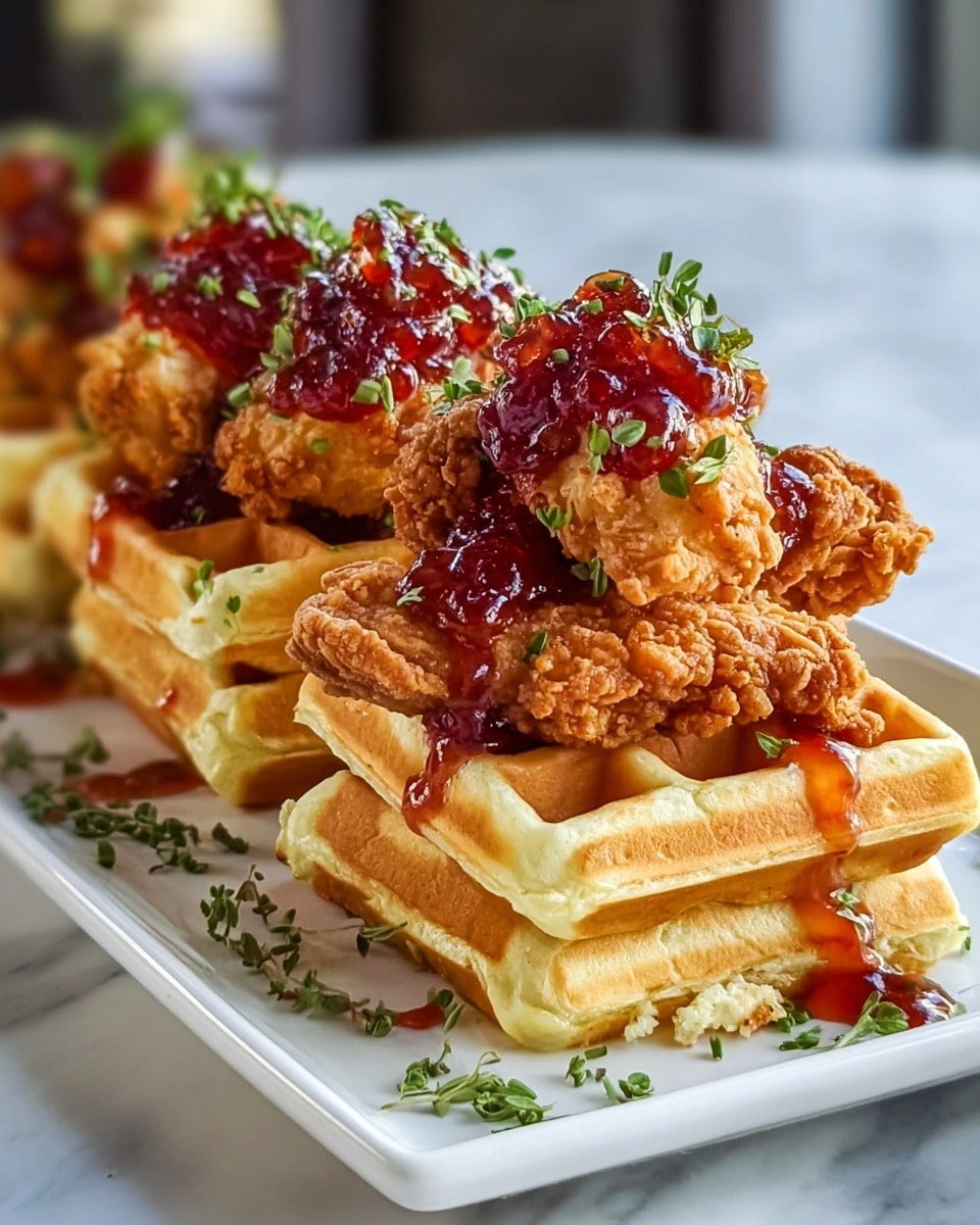 Large white rectangular platter filled with multiple whole square waffles stacked with crispy golden fried chicken pieces, generously topped with glossy sweet red jelly and finely chopped fresh green herbs scattered around for garnish, entire dish shown at a 3/4 angle on white marble surface with natural lighting, styled as a vibrant hero shot from a food magazine, photo taken with an iphone --ar 4:5 --v 7