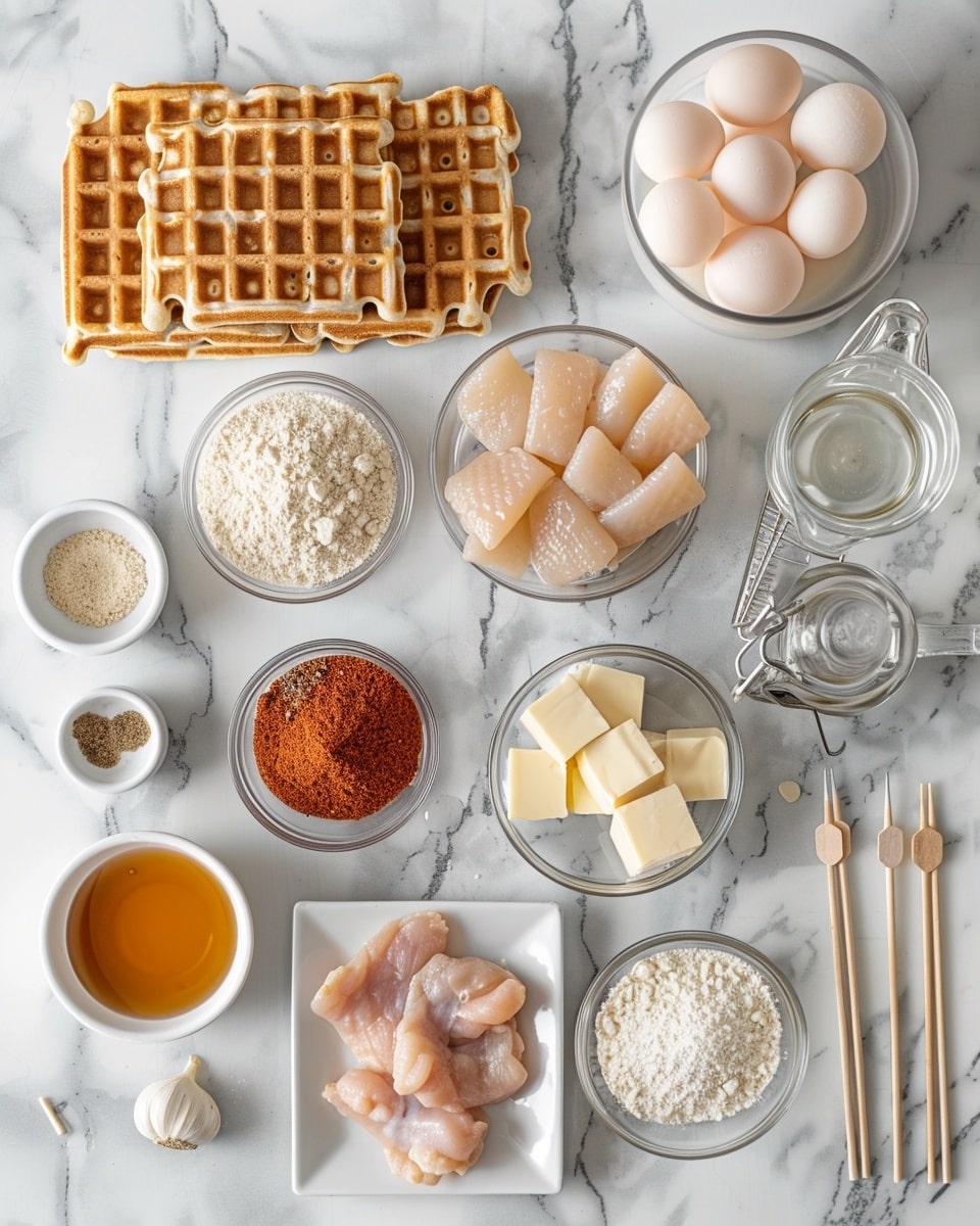 Single white plate featuring one portion of a crispy fried chicken and waffle sandwich, close-up angled view revealing golden fried chicken layered between two thick, fluffy waffles, topped with a spoonful of dark berry compote and fresh green microgreens, rich syrup drizzling down the sides emphasizing the crispy texture of the chicken, fresh herbs lightly scattered beneath, all placed on a white marble background, natural lighting highlighting the contrast and layers, intimate food blog style photo taken with an iphone --ar 4:5 --v 7