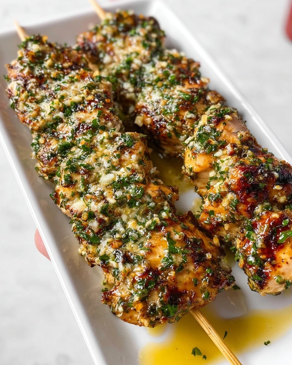 Two long white rectangular serving dishes filled with multiple skewers of grilled chicken coated generously with a textured garlic herb marinade, vibrant green parsley bits and minced garlic visible, glistening with a rich, golden olive oil drizzle, each skewer neatly arranged side by side, photographed from a professional 3/4 angle on a clean white marble countertop with natural lighting, like a hero shot from a food magazine, photo taken with an iphone --ar 4:5 --v 7