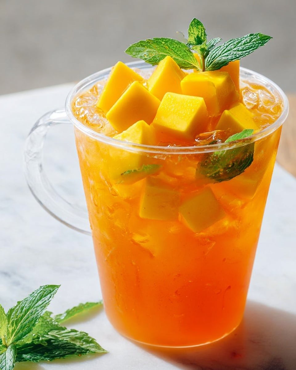 Large white pitcher filled with bright orange iced tea, brimming with ice cubes and topped generously with large cubes of fresh mango and sprigs of vibrant green mint leaves, condensation droplets adding a refreshing touch, whole drink presentation captured in a professional 3/4 angle shot on a white marble surface, natural lighting highlighting the vivid colors and textures, like a magazine hero shot, photo taken with an iphone --ar 4:5 --v 7