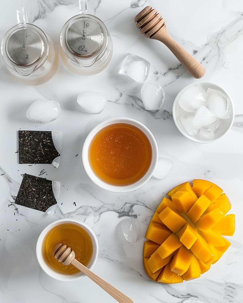 Single white clear plastic cup filled with a vibrant mango tea drink showing diced fresh mango pieces and ice cubes glistening inside, garnished with a sprig of fresh green mint on top, close-up angled shot emphasizing the juicy textures of the mango and the refreshing clarity of the beverage, placed on a white marble surface with natural lighting, styled like an inviting individual serving from a food blog, photo taken with an iphone --ar 4:5 --v 7