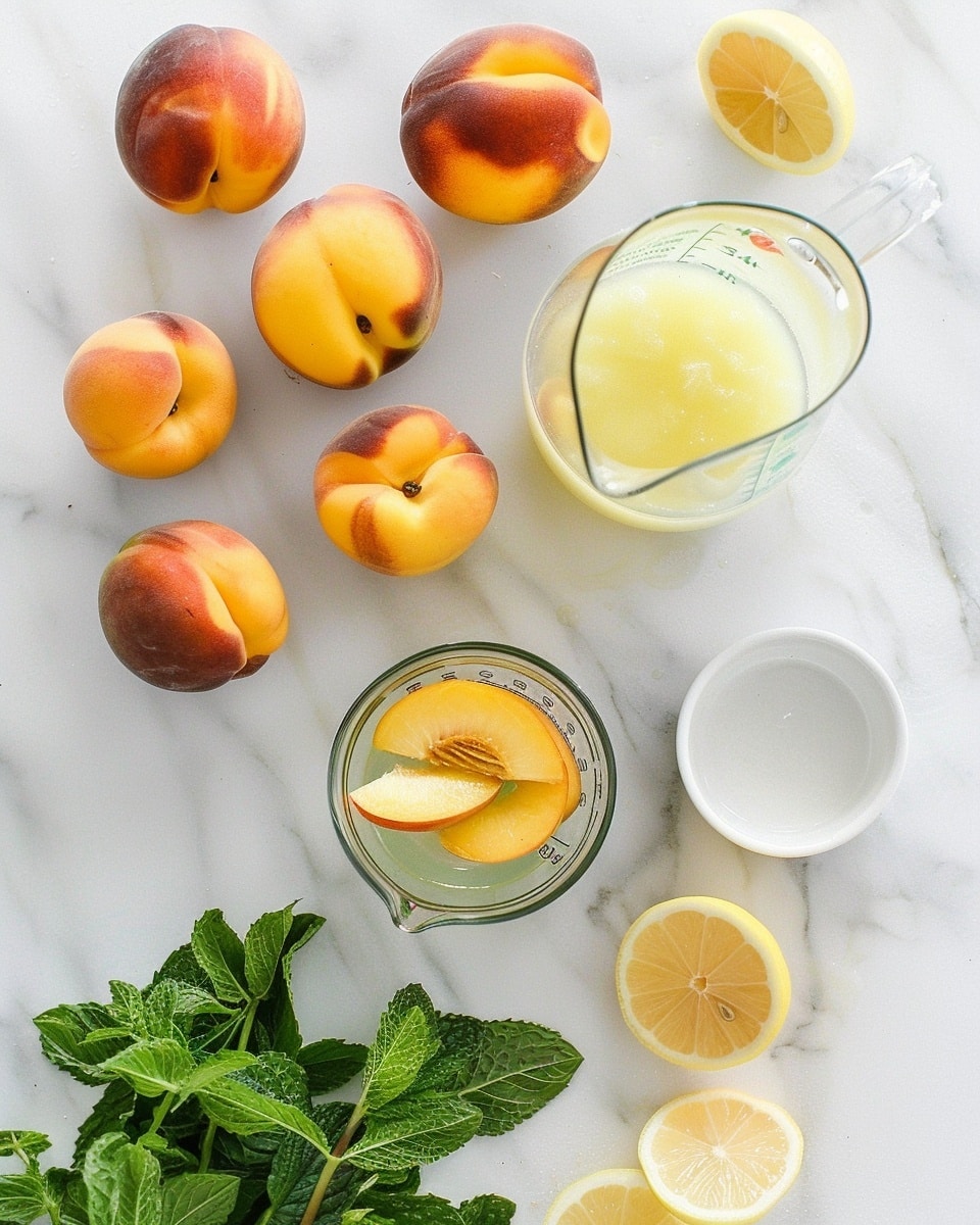 Single tall clear glass filled with a refreshing peach iced tea, showing vibrant orange-yellow liquid with visible ice cubes and a slice of fresh peach inside, garnished with a sprig of fresh mint and a striped paper straw, placed on a white surface with whole peaches and a glass pitcher of iced tea blurred softly in the background, natural light enhancing the condensation on the glass, intimate plated serving photo taken with an iphone --ar 4:5 --v 7