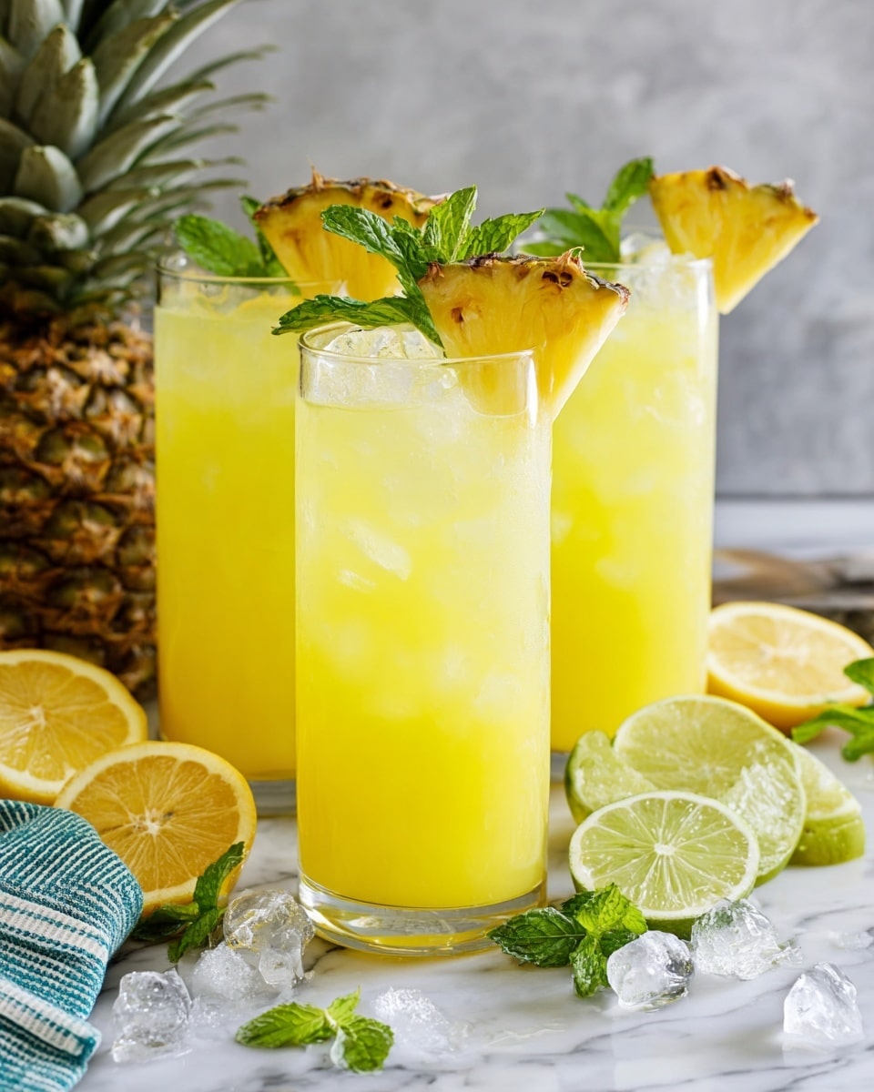 Three tall white glasses full of bright yellow pineapple lemonade with ice cubes, each garnished with a fresh pineapple wedge and sprig of mint, arranged together on a white marble countertop surrounded by fresh halved lemons, limes, scattered ice cubes, and a green-and-white striped cloth, whole refreshing drink presentation photographed with natural lighting, professional food magazine hero shot, white marble background photo taken with an iphone --ar 4:5 --v 7