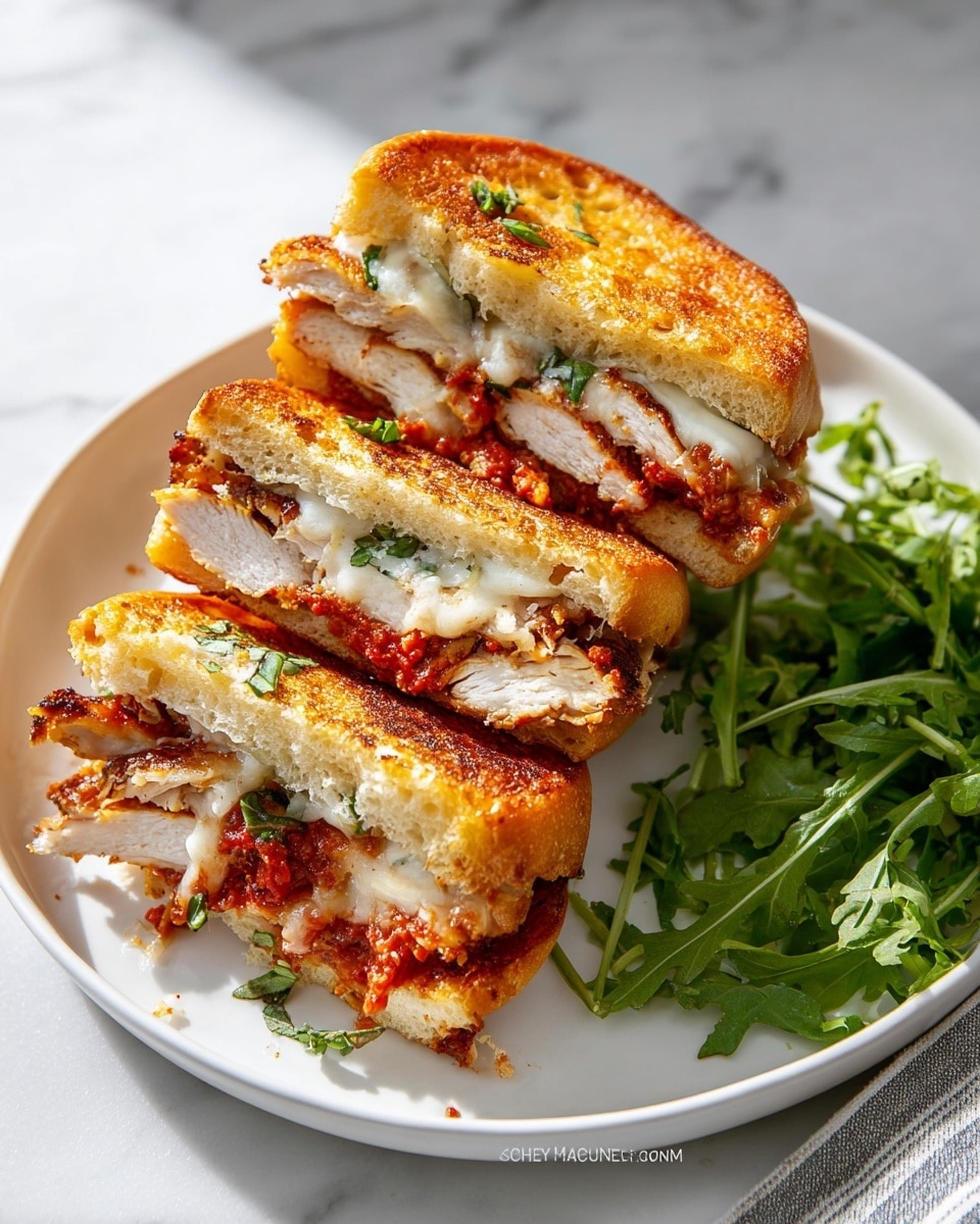 Full white plate showcasing three whole, golden toasted chicken sandwiches neatly arranged, each sandwich generously filled with crispy seasoned chicken, melted mozzarella cheese, fresh basil leaves, and a rich tomato sauce, served alongside a small pile of fresh arugula greens, all on a white marble countertop with natural lighting, professional food magazine hero shot photo taken with an iphone --ar 4:5 --v 7